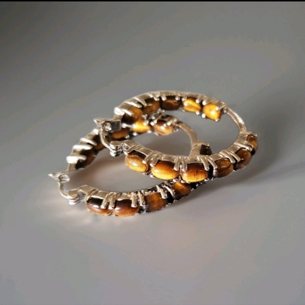 South African Tiger's Eye Hoop Earrings Stainless Steel